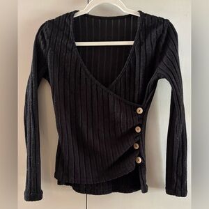 CS Lightweight Black Ribbed Wrap Sweater with side Button Detail